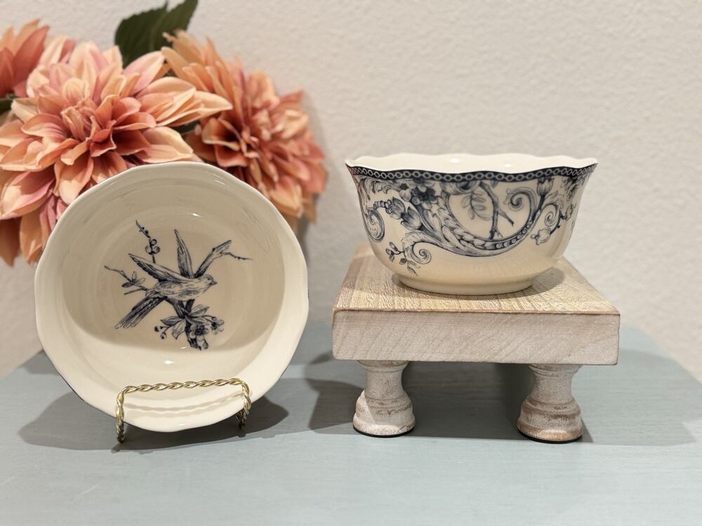Set of 2 - 222 Fifth Adelaide Blue Porcelain Soup Cereal Bowls - Birds & Floral